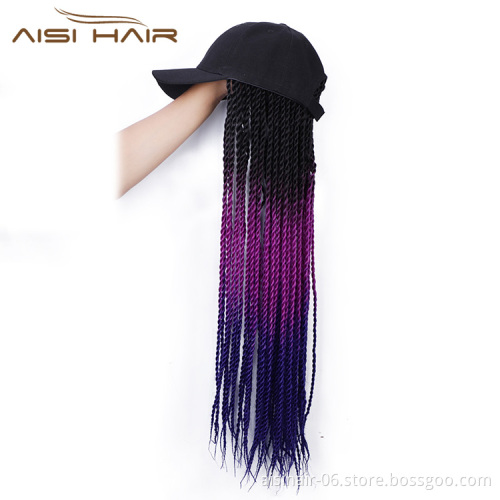 Aisi Hair Vendor Baseball Hat With Long Ombre Purple Twist Crochet Braiding Hair Extension For Black Women Synthetic Hair Wigs